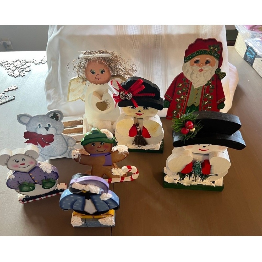 Handmade Christmas Tole Paint Wooden Decorations Set 8pc Santa Snowman Angel